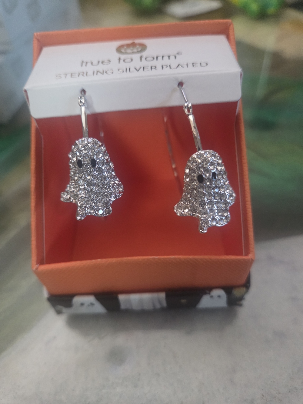 NIB True To Form Sterling Silver Plated Crystal Ghost Hoop Earrings